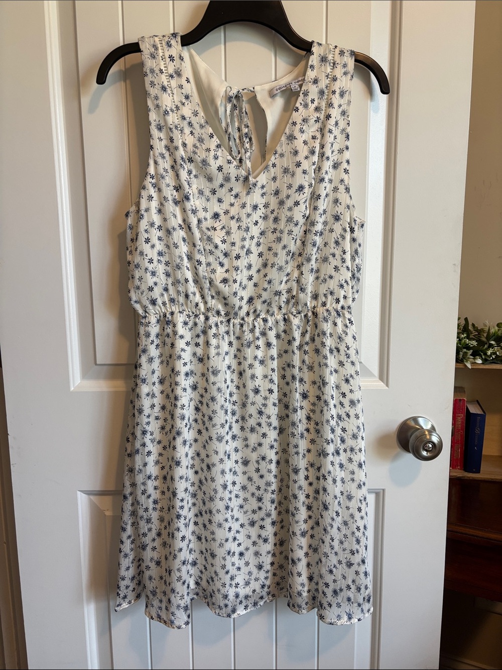 Collective Concepts  White and Silver Midi Dress with Blue Floral Print. Size LP